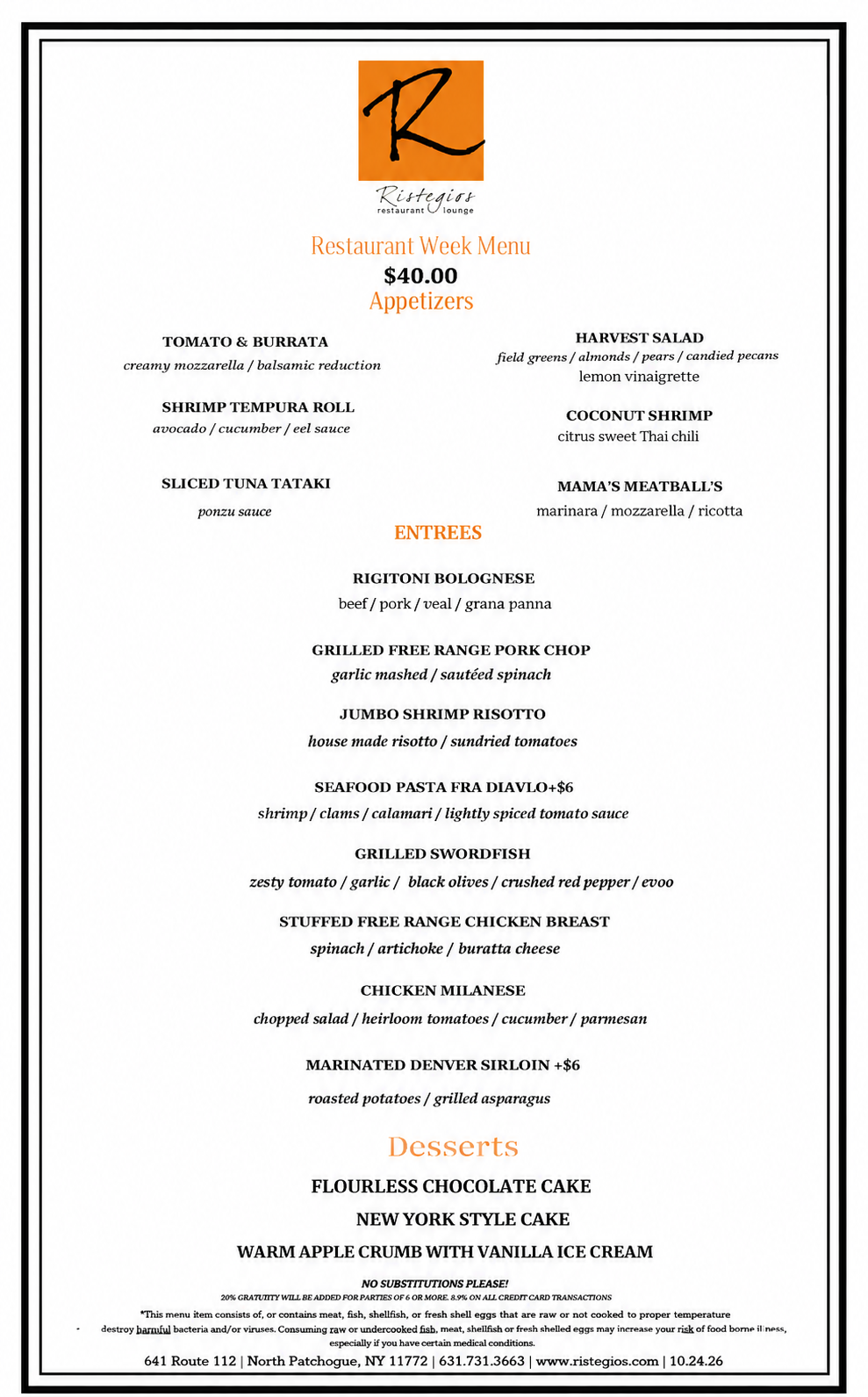 Restaurant Week Menu